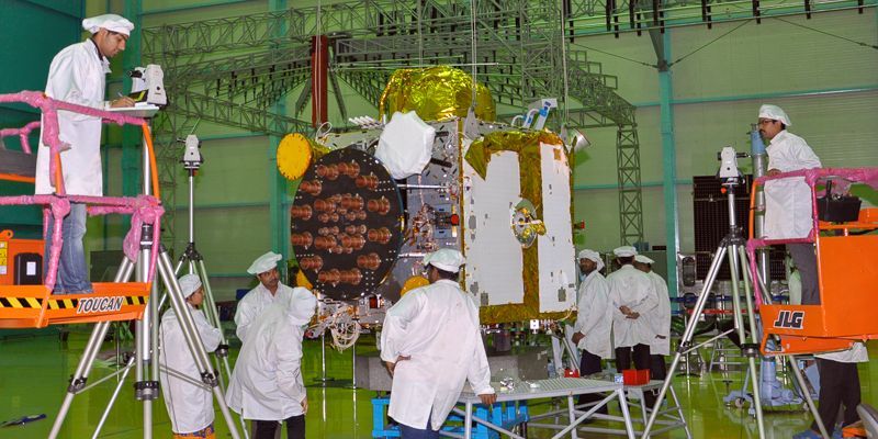 IRNSS-1E being prepared in a cleanroom (image provided by: AVF/ISAC)