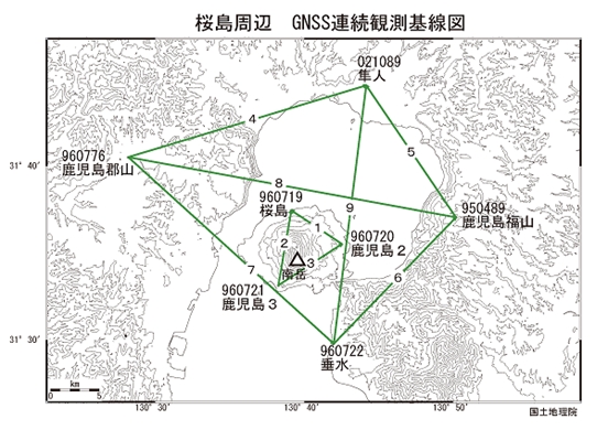 桜島周辺のGNSS連続観測基線図