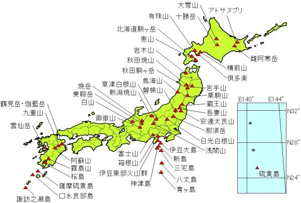 47火山をマッピングした日本地図