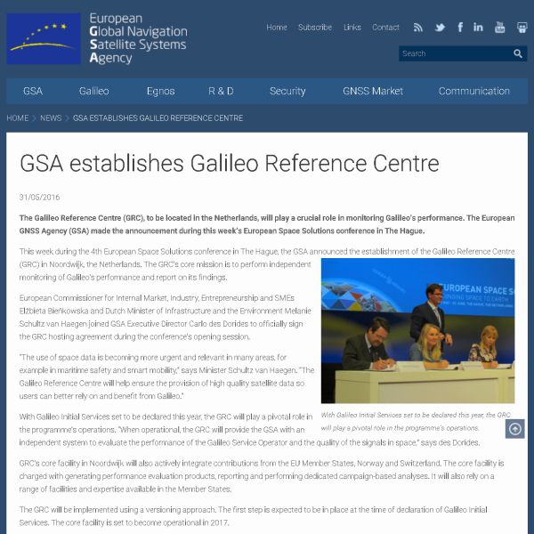 調印式の様子を伝えるEuropean GNSS Agency（GSA）のウェブサイト 