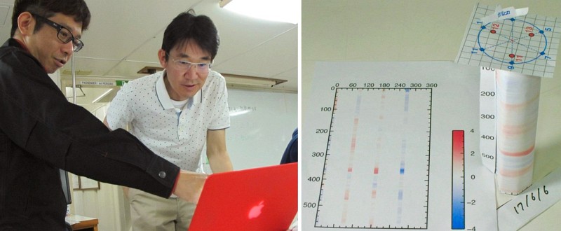 観測データを確認する名古屋大学の田所敬一准教授（左）と国立弓削商船高専の二村彰准教授（右）。右の資料は、海中の音速分布を推定し、可視化したもの