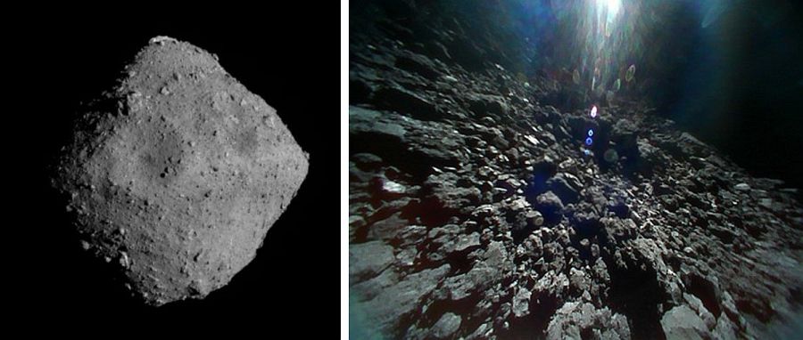 小惑星リュウグウ全景（左）と着地した小型探査機による画像（右）