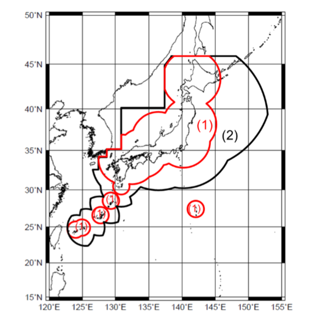 図1 サブメータ級測位補強サービスのサービス範囲。1. は日本列島と島嶼部。2. はその周辺の海域も含む