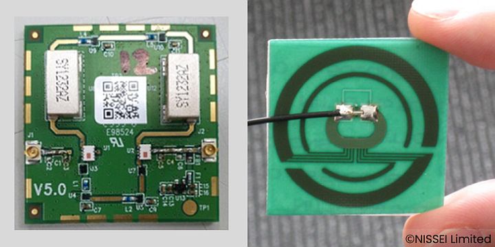 LNA基板部（FMS-4BSA1、左）とアンテナ（FMSP-QZSS-Q55、右）