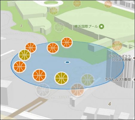 地図上にバスケットボールのマークが表示される