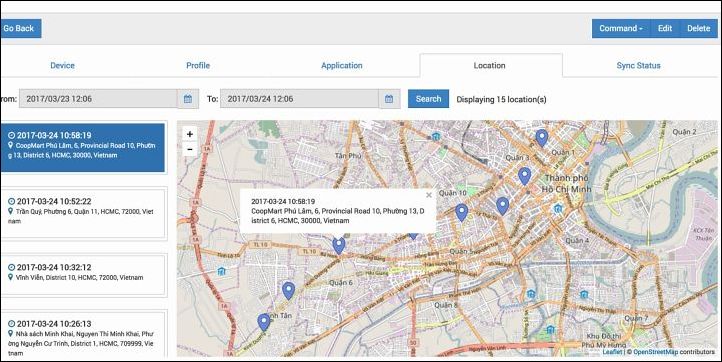 BizMobile Go！のGPS管理画面（地図：OpenStreetMap contributors）